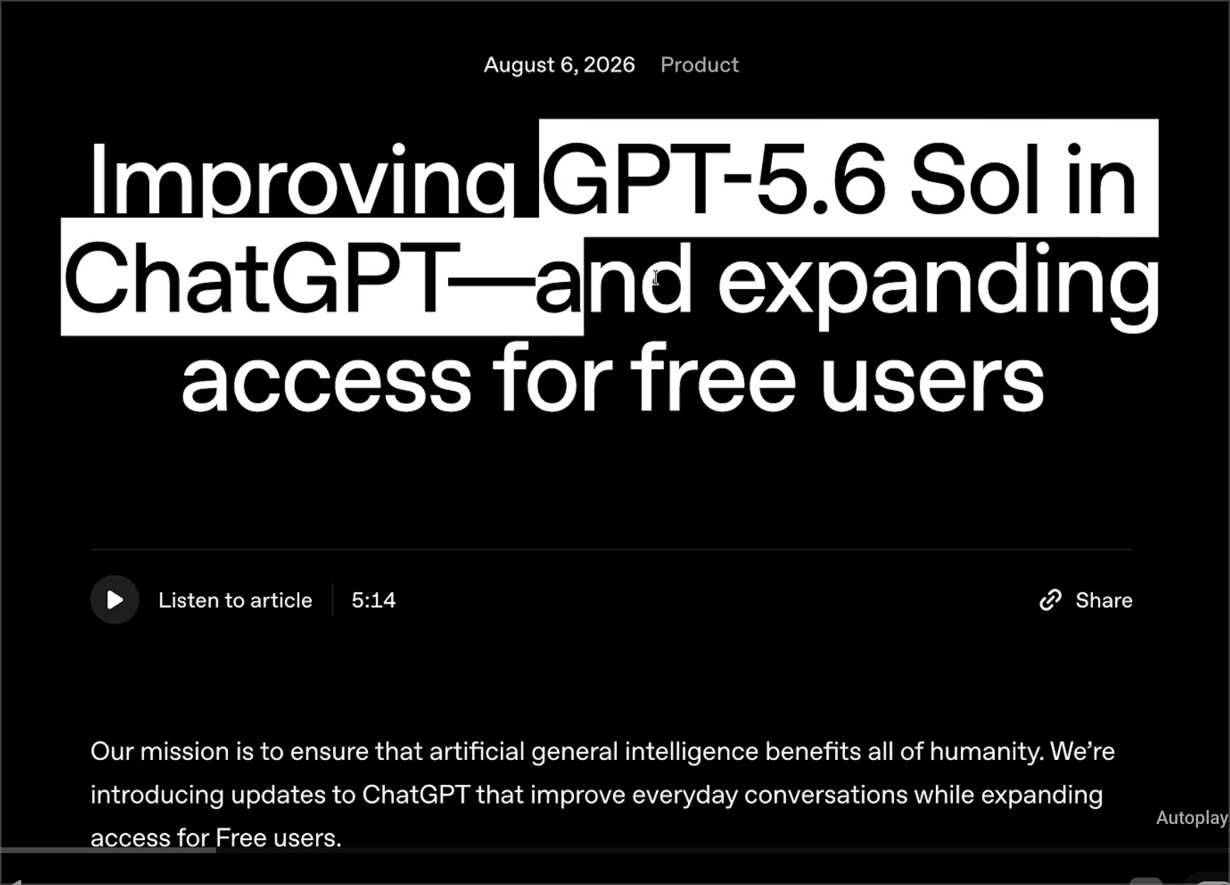 OpenAI blog post dated August 6, 2026, headlined Improving GPT-5.6 Sol in ChatGPT and expanding access for free users