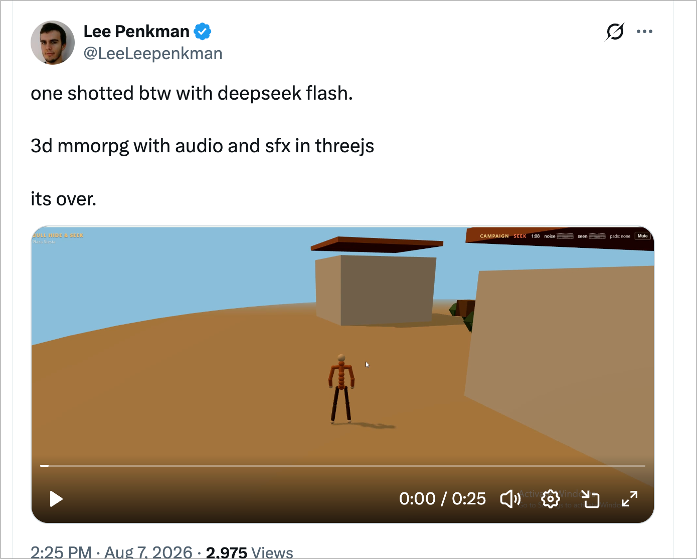 Post claiming a 3D MMORPG was one-shotted with DeepSeek Flash in Three.js