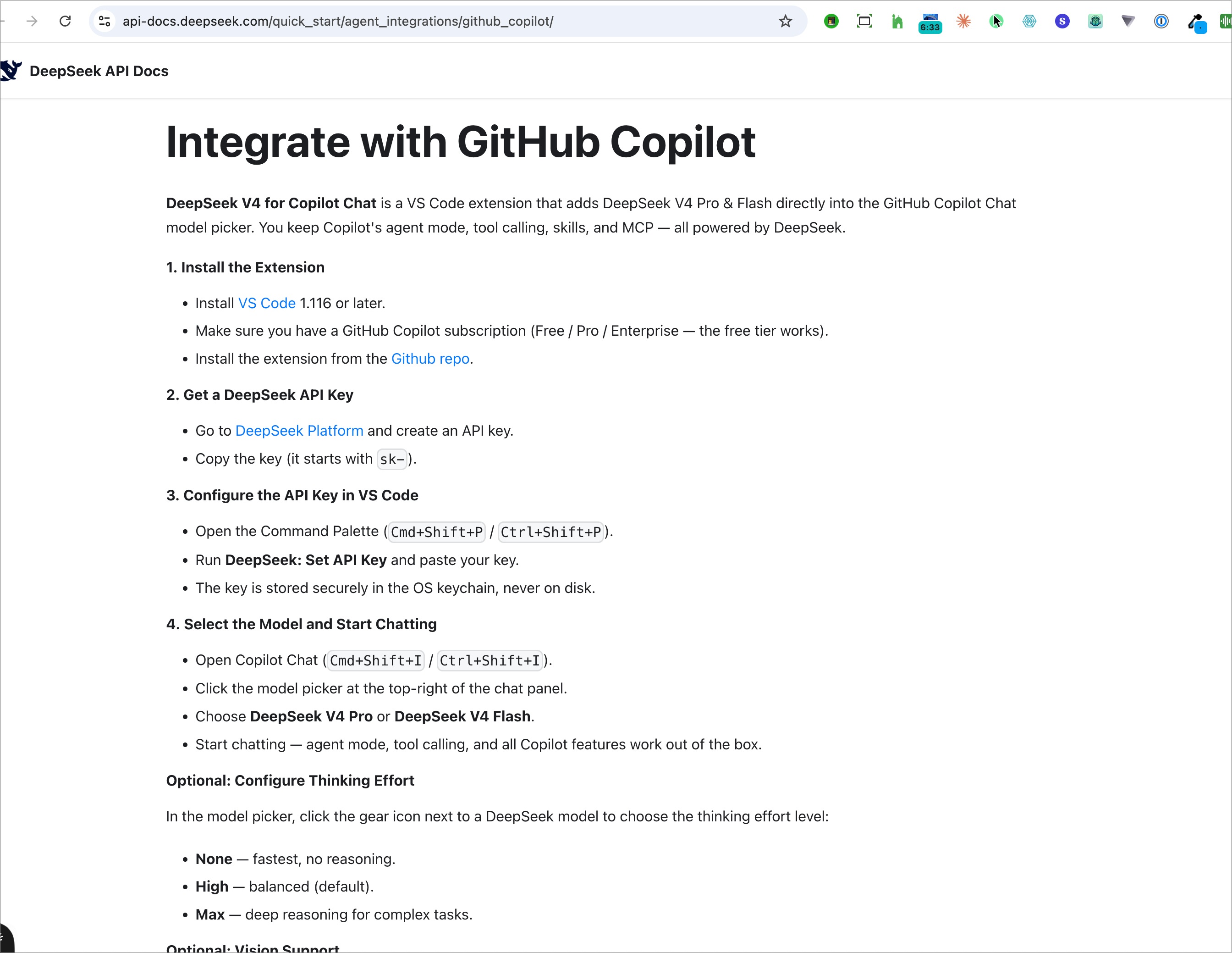 DeepSeek API documentation page titled Integrate with GitHub Copilot, listing VS Code 1.116 or later and a GitHub Copilot subscription as requirements