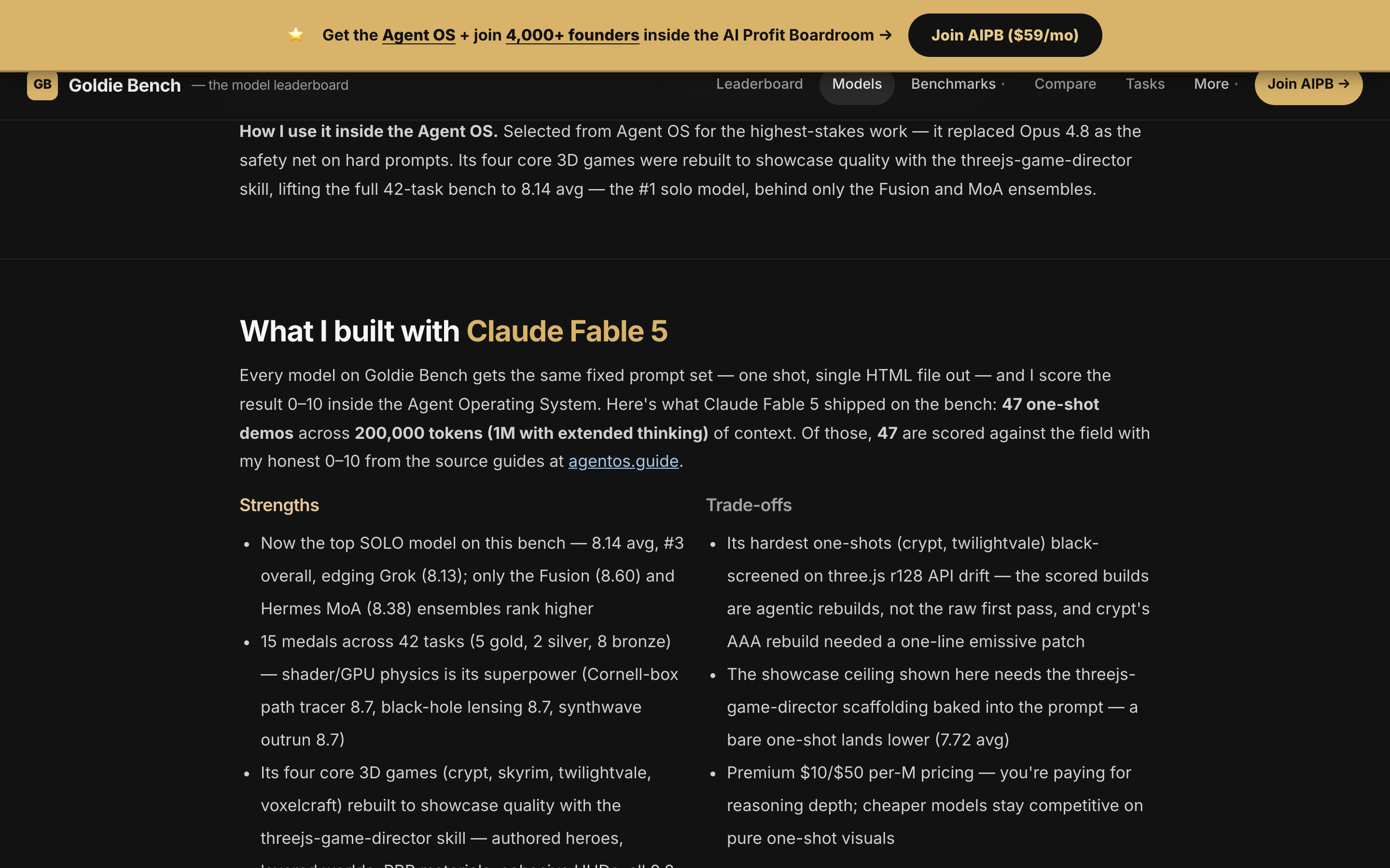 An independent benchmark page showing scored one-shot generation results for Claude Fable 5.